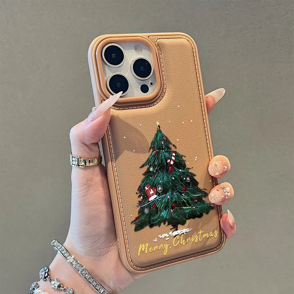 Leather Christmas Tree New Year Cover Phone Case For iPhone