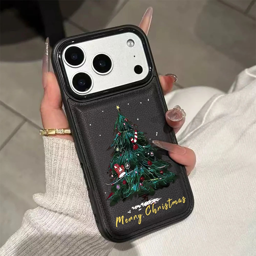 Leather Christmas Tree New Year Cover Phone Case For iPhone