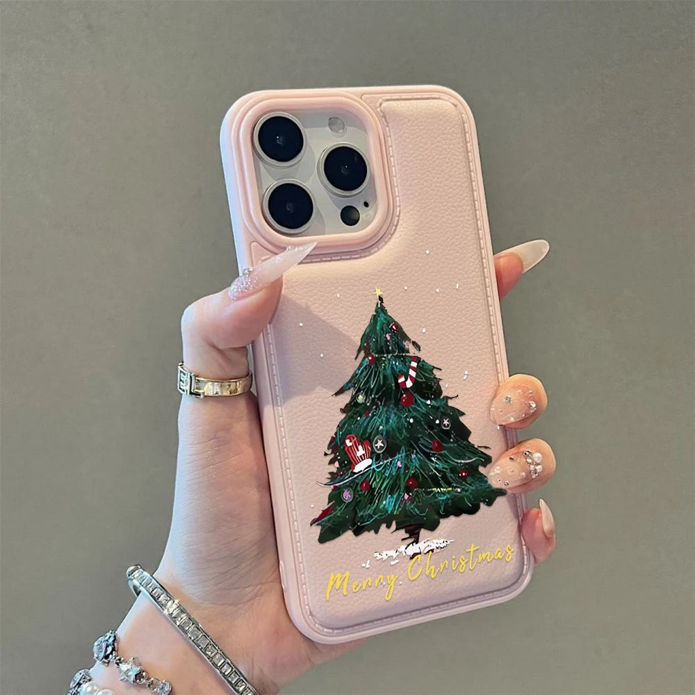 Leather Christmas Tree New Year Cover Phone Case For iPhone